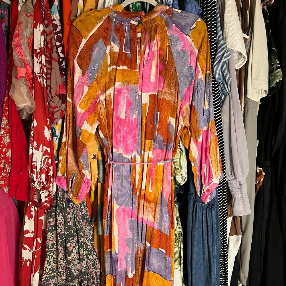 Maeve Multicolor Abstract Print Midi Dress - Pink, Orange, Purple